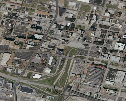 2006 Aerial showing Union Station in the lower right corner and the wasted space of the 22nd Street Interchange to the left of Union Station.