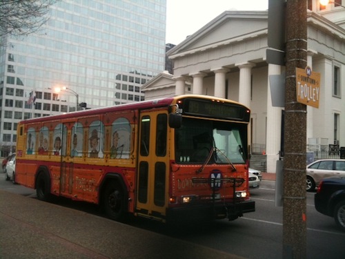 ABOVE: Downtown Trolley at Broadway & Market with the Old Courthouse in background