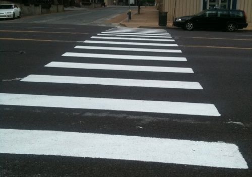 From 2011: A freshly painted crosswalk at 17th &amp; Olive This design is the most visible for everyone. Cities trying to make areas more pedestrian-friendly make sure all signalized intersections use this "continental" design,