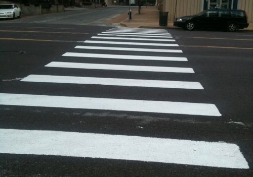 From 2011: A freshly painted crosswalk at 17th & Olive This design is the most visible for everyone. Cities trying to make areas more pedestrian-friendly make sure all signalized intersections use this "continental" design,