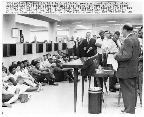 Protestors in the Jefferson Bank lobby on Aug 30, 1963.  Photo courtesy of Kristen Gassel/St. Louis Curio Shoppe