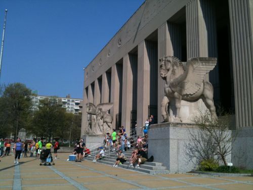 People enjoy the steps during a downtown festival 