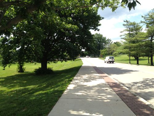 The sidewalk on the east side of UMSL's South Drive will lead you to the light rail station