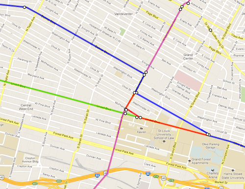 ABOVE: Blue was my original route idea, red is my variation, green is continuing on Lindell, purple is a north-south line on Vandeventer