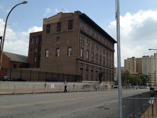 ABOVE: The city has closed off the sidewalks around Larry Rice's New Life Evangelistic Center to prevent the homeless from sleeping on the public sidewalks overnight.