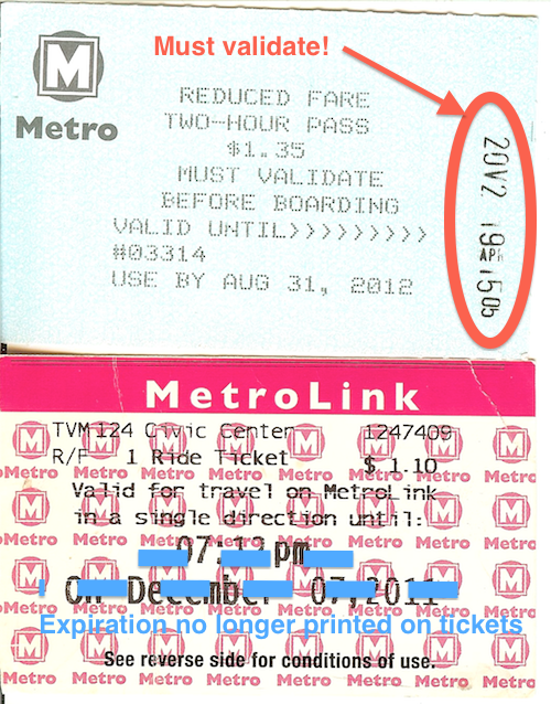 ABOVE: Advance tickets must be validated as shown (top),  tickets purchased at MetroLink machines will no longer have an expiration date, these can now be purchased in advance but they must be validated 