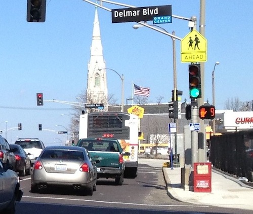 ABOVE: The street sign at Delmar is a "Grand Center" branded sign. Ok, north edge so that makes sense, right? 