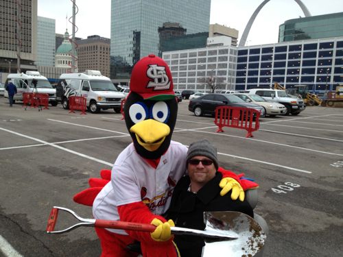 ABOVE: I posed for a picture with Fredbird after the groundbreaking. 