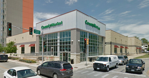 The secondary entrance to the County Market in Champaign IL helps define the street and welcomes pedestrians. Source: Google Maps/Streetvew