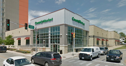 The secondary entrance to the County Market in Champaign IL helps define the street and welcomes pedestrians.  Source: Google Maps/Streetvew