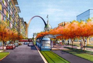 Artist rendering of proposed streetcar in downtown St. Louis