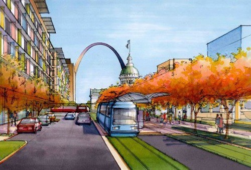 ABOVE: Artist rendering of streetcar in downtown St. Louis