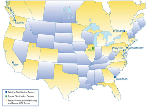 Map showing IKEA's six existing, and one future, distribution centers in North America. Click image to see PDF from IKEA on distribution channels.  