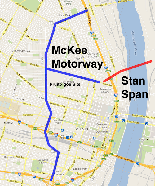 The blue represents new highway, to be called the McKee Motorway. Red is the new bridge under construction. 