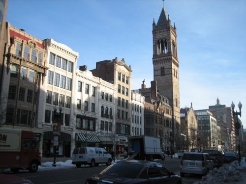 From what I've seen online so far the first bomb went off within the left side of this view of Boylston St.  