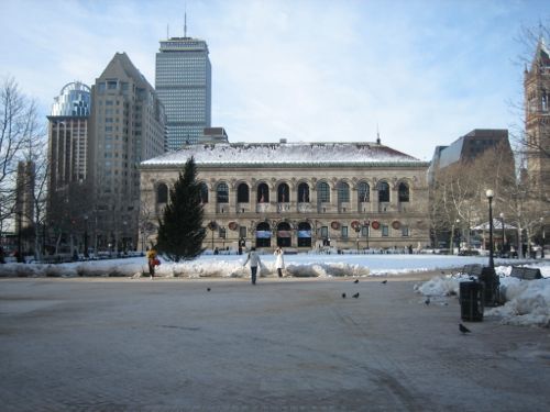 Looking west across Copley Square at the Boston Public Library