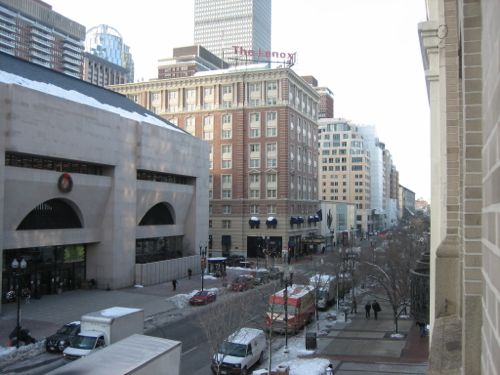 Looking west up Copley St from my hotel room. The first bomb went off in this area (right).