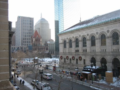 Looking east from my hotel room with Copley Square (left) and the Boston Public Library (right) 