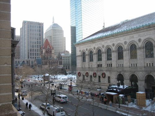 Looking east from my hotel room with Copley Square (left) and the Boston Public Library (right)