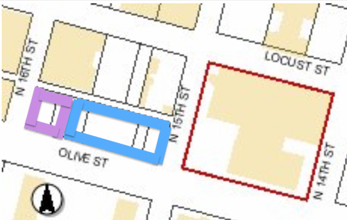 Purple is the smaller privately-owned lot, blue the lot owned by the library and the red outlines the building with library offices and charter high school.