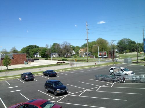 From the mezzanine you can see the route able-bodied pedestrians will likely take, cutting across the parking lot at a diagonal. 