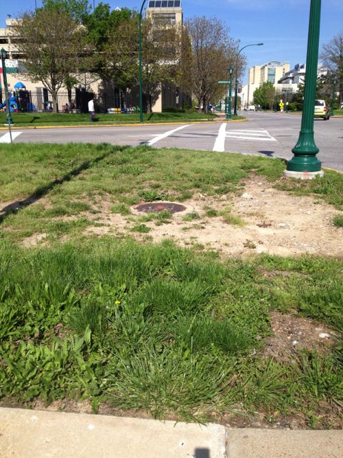 The crosswalk exists but only if you can walk through grass and down a curb. 
