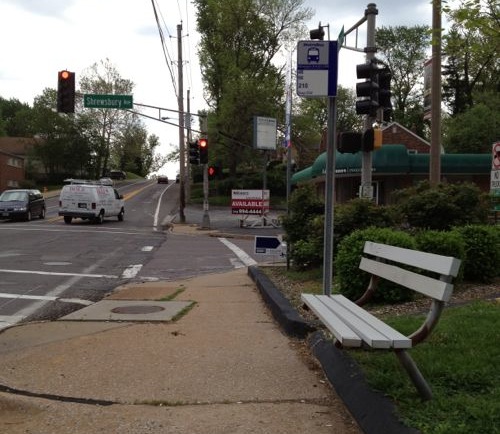 This is the bus stop heading back toward the MetroLink station, I caught a bus here a couples of hours later to return downtown.