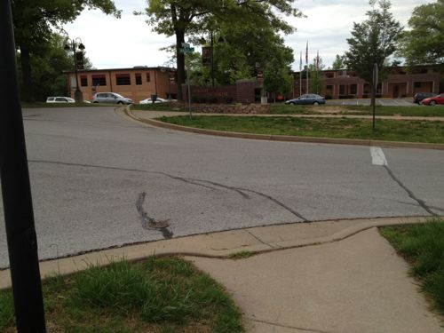 The sidewalk just ends, dumping me into the street. No crosswalk or visible sidewalk into the Shrewsbury City Center complex grounds.