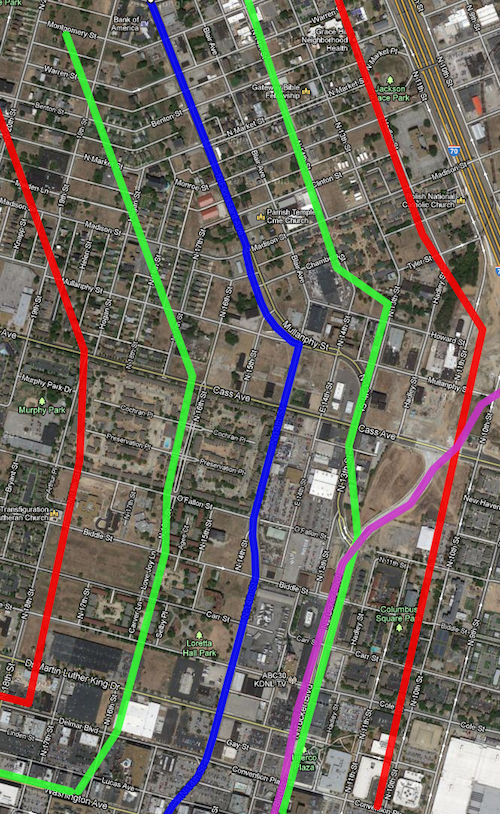 The blue line is the route, green about 660ft (1/8th mile) and the red about 1,320ft (1/4 mile). Click to view in Google Maps.