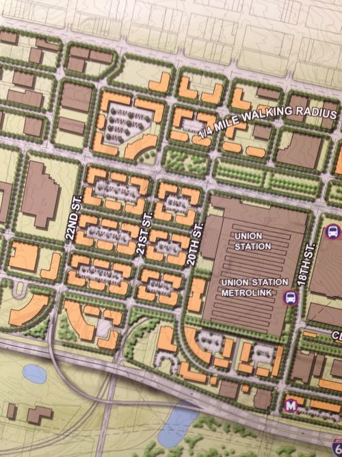 Preliminary plan around Union Station, the Drury (former YMCA) and other existing buildings should be shown in the final presentation. 