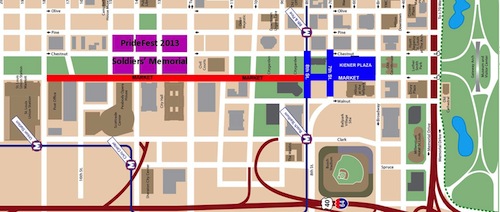 The parade runs west on Market from Kiener Plaza, starting at 11am on Sunday. Click map for more information. 