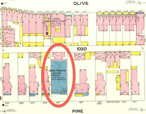 February 1909 Sanborn Map showed the stone (blue) church at 3015 Pine. Click image to see more. 