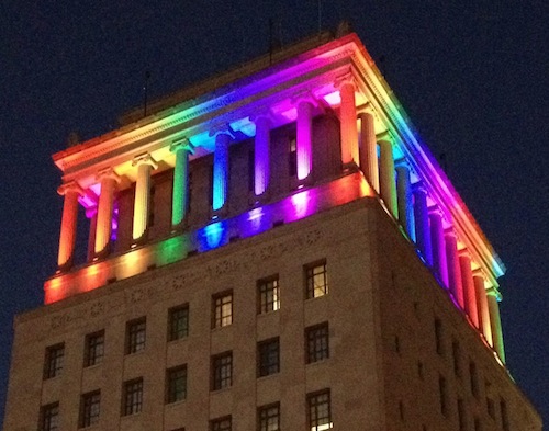 Top of the Civil Courts building in rainbow colors for PrideFest2013