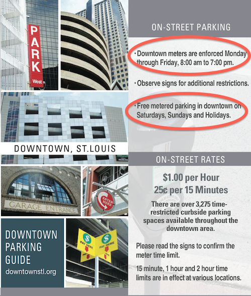 Cover of the most recent Downtown Parking Guide from the Partnership for Downtown St. Louis reinforces the common understanding of the existing free weekends policy.