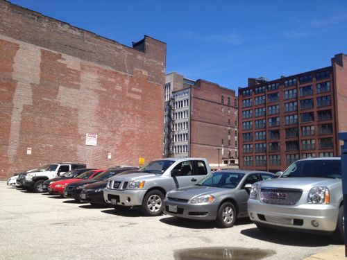 Much of city block 823 bounded by 11th, Locust, Tucker, & St. Charles, is surface parking. Miss Hullings Cafeteria was located here for decades, click for more info. 