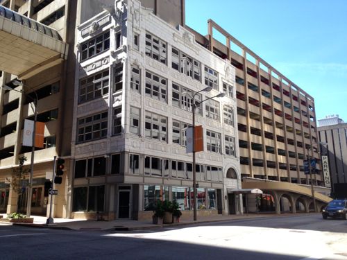 The 6xx block of Olive used to have more terra cotta buildings but only one was spared from demolition.The streetcar will run eastbound on Olive (left) and northbound on 7th (right).   