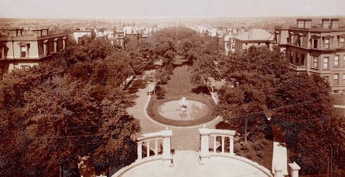 Bird's eye view looking over Vandeventer Place from Grand Avenue. Photograph by unknown,  ca. 1902 Missouri History Museum Archives.
