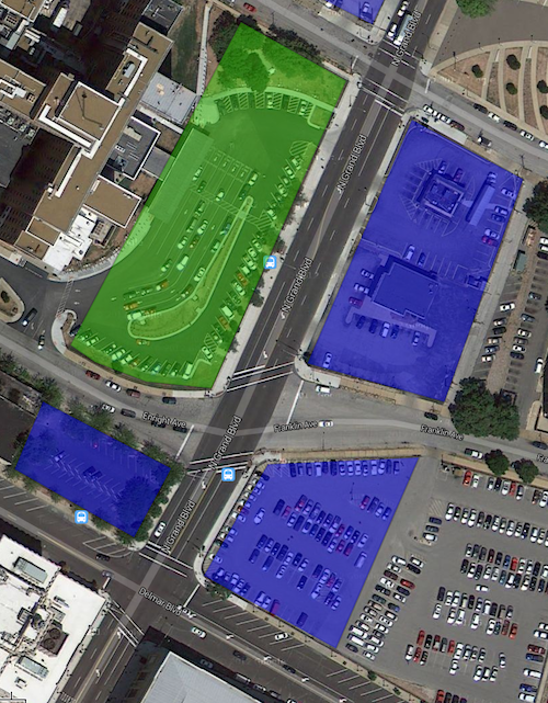 The green & blue shapes are where the VA & others, respectively, should build to reorganize N. Grand Blvd.  