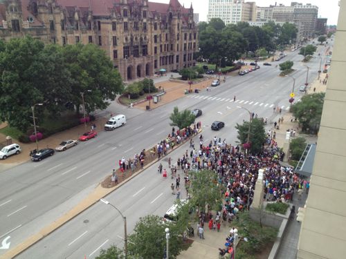 St. Louisans gathered peacefully outside the Justice Center on Sunday July 14th