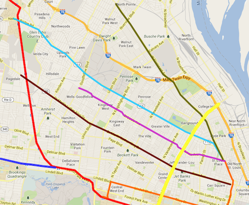 Some possible future expansions for the proposed streetcar line ending at N. Florissant @ St. Louis Ave 