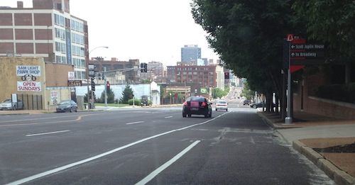 Eastbound on Olive just before Jefferson the bike lane becomes part of the right turn lane