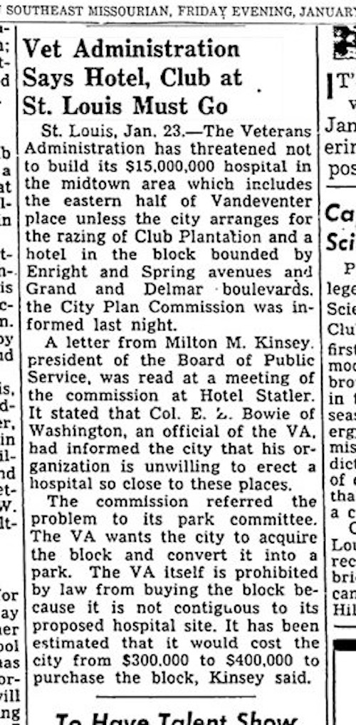 Newspaper article from 1947 shows VA wanted to raze the club before building the hospital 
