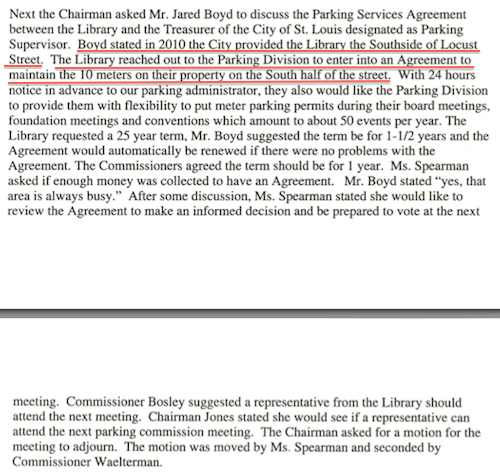The city provided part of Locust St to the library, so the library wanted negotiate the parking meters on their property? 