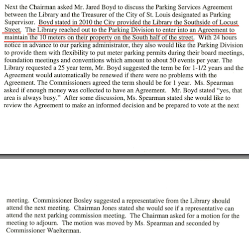 The city provided part of Locust St to the library, so the library wanted negotiate the parking meters on their property?