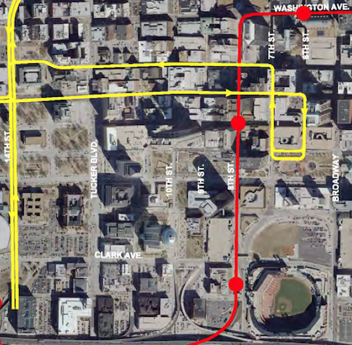 The downtown section of the route has one-way single tracks, with opposite directions a block apart. This is different than the rest of the route and due to the narrow street widths in the CBD.