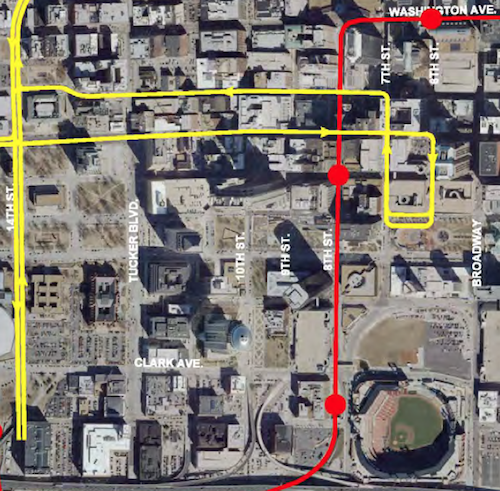 The downtown section of the route has one-way single tracks, with opposite directions a block apart. This is different than the rest of the route and due to the narrow street widths in the CBD. 