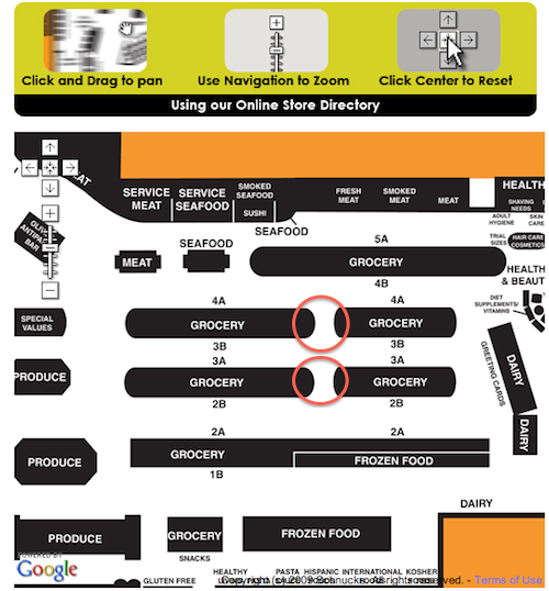 The old layout is still online, the two red circles indicate where a shortcut was eliminated to gain needed shelf space. Grocery items were largely rearranged. 