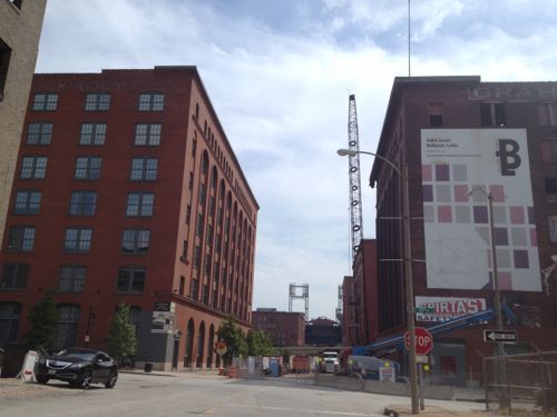 Looking east on Spruce from 11th. Cupples 7 on the right is currently being razed. Photo date: Aug 27, 2013