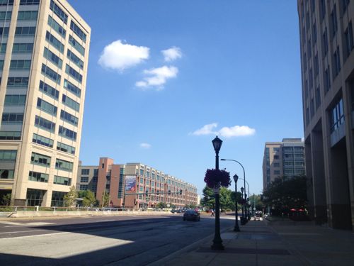 Looking east toward Euclid Ave we see numerous multi-story buildings, including medical, hotel, & apartments