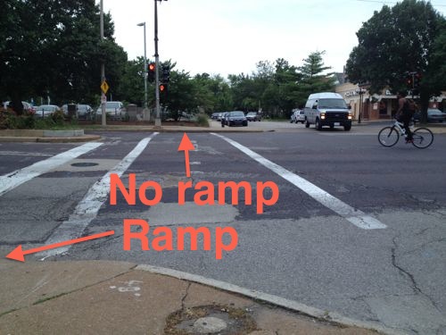 The curb ramp has nothing to do with the crosswalk, no curb ramp exists on the other end of the crosswalk. When the light turns green I'll have to head over to the auto drive where cars will be leaving.